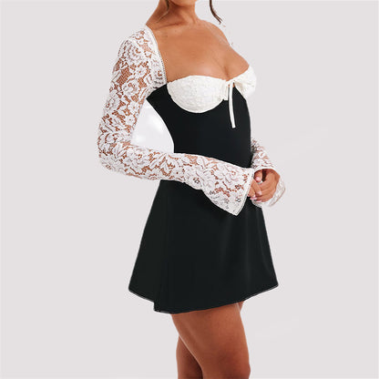 Lace Long Sleeve Dress Fashion Sexy Corset Backless Lace Up Short Dresses Womens Clothing